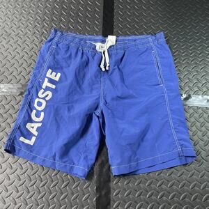 Lacoste Shorts Mens XL Blue Swim Trunks Board Drawstring Mesh Lined Spell Out